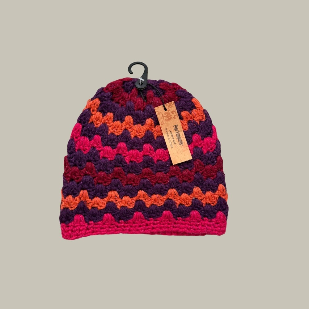 Pier 1 Imports Crochet Beanie Hat Purple Orange Pink‎ Boho Zigzag NWT